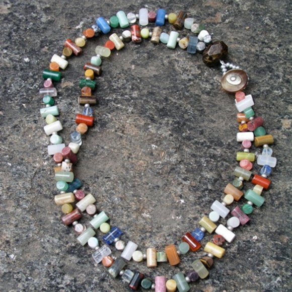 Handcrafted Multi-Strand Gemstone Bead Necklace... ​Elevate  Artison Custom Statement Double Strand Multi Stone Necklace with Button Closure